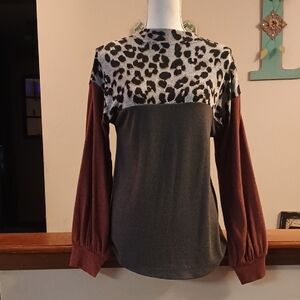 Maurices Gray and Brown Leopard Print Long Sleeve Top